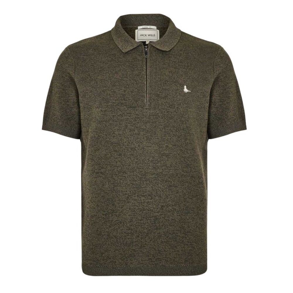 Jack Wills Mens Knitted Quarter Zip Polo Shirt / Iron/Khaki